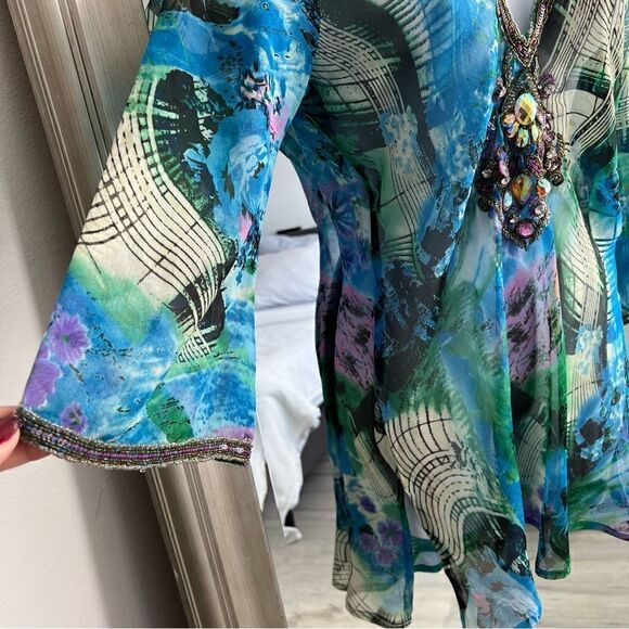 L’AF FAIRE Beautiful Indian Women's Watercolor Tunic Top V-Neck Embroidered Sz S - Picture 4 of 7